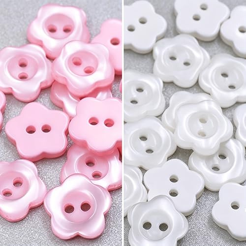 100 Pcs Pearlescent Buttons, Flower Resin Button, 2 Hole, White+Pink