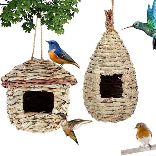 Casa de Paja Natural Pájaros, 2 Piezas Nido Pajaros Exterior Colgante, Pájaros Casas De Pájaros Colgantes, Tejidas a Mano Hierba Nidos para Pajaros para Gorriones y Otras Aves Pequeñas (Del tronco, C)