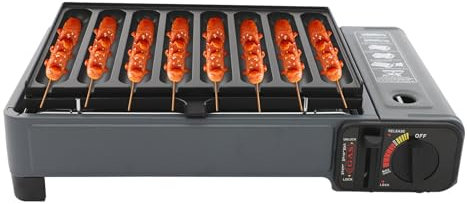 Barbecue a gas portatile, da tavolo, da campeggio, per 8 salsicce, con vassoio raccogli grasso rimovibile e valigetta per barbecue, picnic, camper (blu)