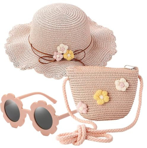 Rose Chapeaux De Paille Filles Et Lunette De Soleil Et Petit Sac Ensemble Chapeau De Soleil Ensemble avec Fleurs Décoration Produits Tissés De Protection Solaire pour 3-8 Ans Enfant 3 Pièces