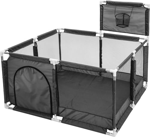 BREEZENEST Baby Playpen, Large Play Pens for Indoor Babies 6-36 Months, Breathable Mesh Walls & Oxford Cloth, Portable Crawling Fence, Machine Washable Safety Play Yard (Black, Style A)