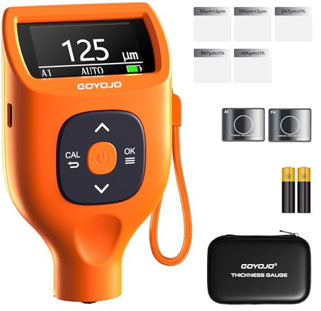 GOYOJO Medidor de Espesor de Pintura de Coche 0 – 2000 μm – Medidor Digital de Espesor de Capa para Carrocería del Coche, Mide en Acero, Aluminio y Zinc, Ideal para Pruebas de Coches Usados Con