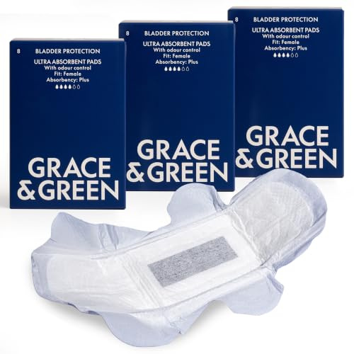 Grace & Green Women's Maximum Light Incontinence Protection Pads 4 x 8 Pack | Dry Comfort, Leak Barrier, Absorbs 400 ml, Organic Bamboo Topsheet, Charcoal Odour Control, Non-Bulky, Compostable Wrappers