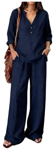Completo Donna Lino Due Pezzi Elastico In Vita Mezza Manica Set di Due Pezzi Tuta Tinta Unita Blusa Pantaloni Gamba Larga con Tasche Completi Comodo Morbido Camicia Scollo a V Eleganti Taglie Forti