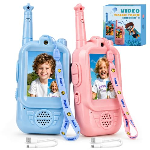Talkie Walkie Enfants, Talkie Walkie Vidéo Enfant Lot de 2 Bleu Rose, Talkie Walkie Longue Portée Rechargeable avec Caméra Chat Changeur de Voix, Jouet Cadeau Fille Garçon 3-12 Ans Camping Jardin