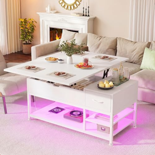Klyvvo Mesa de Centro, Elevable y Extensible con LED | 4 en 1 Multifuncional, 1 Cajones, 3 Oculto, 3 Compartimento, Enchufes, Sala de Estar, Oficina, Negro