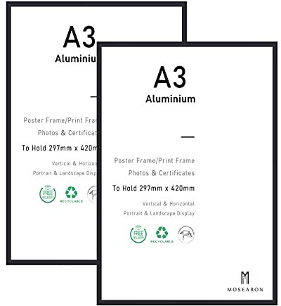 ATOBART Marco de fotos para certificado A3, paquete de 2 marcos de fotos de aluminio negro con vidrio plástico para montaje en pared, 29,7 x 42 cm, juego de 2