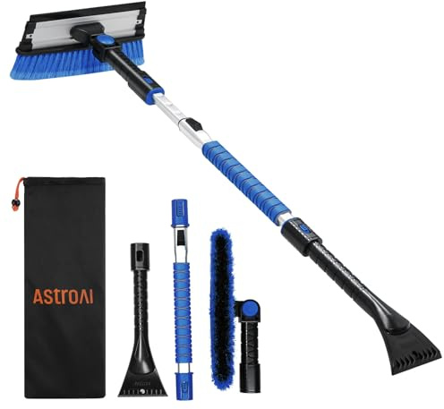 AstroAI 47.2 Ice Scrapers for Car Windshield, 3 in 1 Sturdy Snow Brush with Squeegee, 10 Adjustable Length Settings, Extendable Aluminum Handle, 180° Pivoting Snow Scraper for Car, Truck, SUV(Blue)