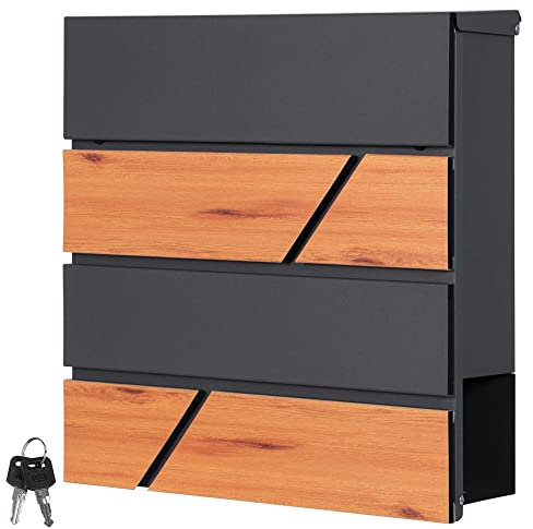 ML-Design Buzón De Correo con Compartimento para El Periódico 37x37x11cm Acero Antracita Natural Aspecto De Madera Cerradura con 2 Llaves Solapa De Cierre Total Moderno Montado En La Pared Exterior