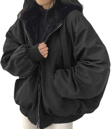 Teen Girl Wendejacke Stehkragen Jacken für Frauen Plus Size Damen Solid Wintermantel Cropped Damen Plüsch und verdickte künstliche Lammwolle Kapuzenjacke auf beiden Seiten, Schwarz , 46