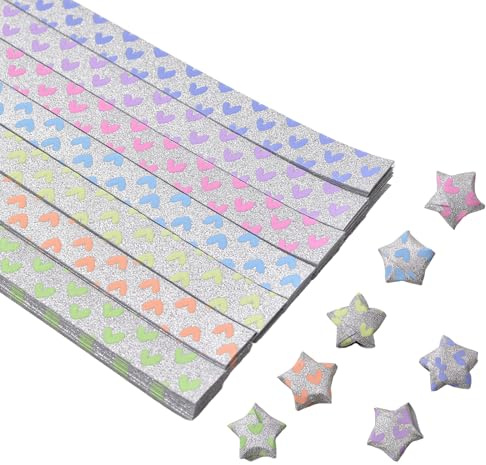 URROMA Star pappersremsor, 360 st glitter lysande lyckostjärna origami-papper vikbara remsor persika hjärta fyra blad gräs liten ängel mönster hantverk vikbara pappersstjärnor gör-det-själv konst