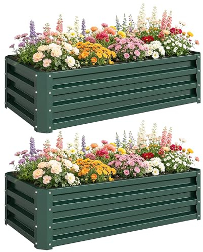 Outsunny Set of 2 Raised Garden Bed, Outdoor Planter Box with Galvanised Steel Frame for Growing Vegetables, Flowers and Herbs, 110 x 50 x 30 cm, Green