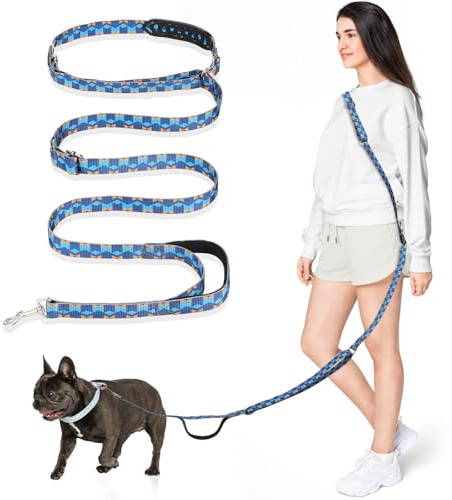 Tivray Correa Manos Libres para Perros 2,6 m, Correa Ajustable para Perros Medianos, Correa para Correr Caminar Jogging, Uso Cintura Cruzado o Mano, 3 Anillas, Asa Acolchada, Geométrico Azul