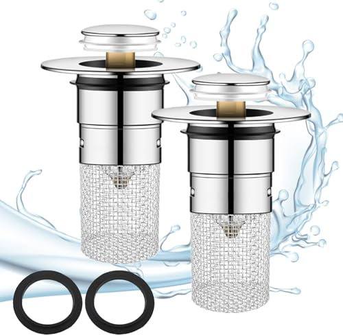 2 Piezas Tapon Fregadero, Tapon Lavabo Universal Emergente, Filtro Fregadero de Acero Inoxidable con Colador, Tapones Lavabo, Tapón Lavabo para Fregadero de Encimera de 34-40 mm (1)