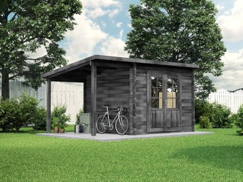 Alpholz Gartenhaus Maria mit Schleppdach aus Holz 450 x 272 cm mit 28 mm Wandstärke und Imprägnierung Grau