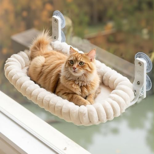 EDAGNY Katzen Fensterliege Hängematte Weich mit Abnehmbarem Wendebezug - Katzen Hängematte Fenster mit Stabiles Stahlgestell Halt bis 18kg, Weiß M
