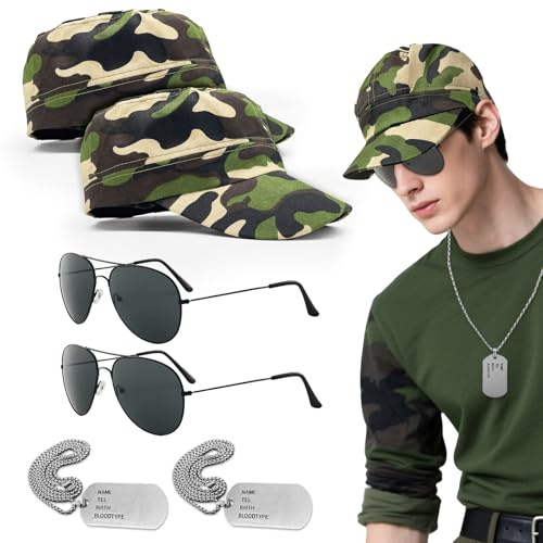 TUONYIS 6 Pezzi Mimetico Militare, costume da pilota militare soldato, Uomo dell'Esercito Costume, con Cappello Mimetico, Occhiali da Sole, Medaglietta, per Halloween, cosplay, feste a tema