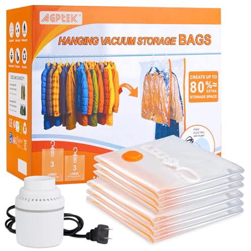 AGPTEK 6er-Pack Hängende Vakuumbeutel Mit Kleiderhaken, Anzüge, Kleider & Jacken (3x110x70cm + 3x130x70cm) mit Elektrischer Pumpe, Vakuumierbeutel für Kleidung, Hochwertiges PA+PE