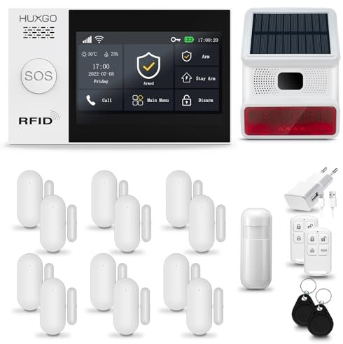 HUXGO® HXA007 Funk Alarmanlage Set WiFi + GSM 4G mit Solar Alarmsirene | Alarm System mit Bewegungsmelder, 12x Fensteralarm/Türsensoren | Alarmanlage fürs Haus, Wohnung, Wohnmobil | Smart Home
