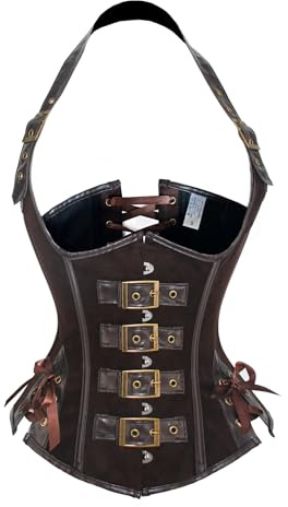 WSHDI Steampunk Faux Leather Corset Tops Halterneck Underbust Waist Cincher Bustier Vest Gothic Costume (Brown,XXL)