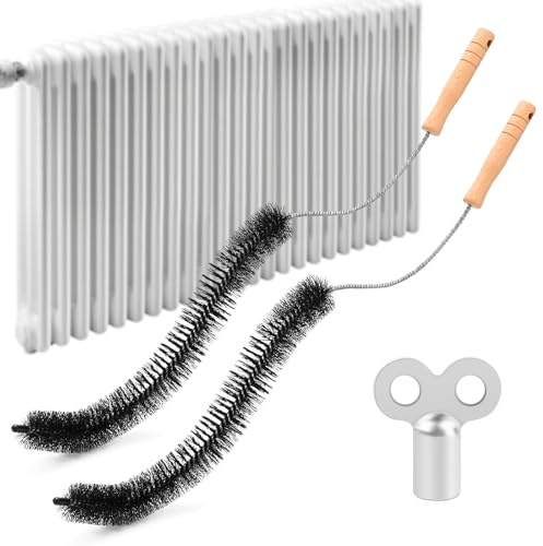 Radiatorborste med ventilationsnyckel [uppsättning av 2] radiatorrengöringsborste lång 70 cm tillverkad av nylon – värmeborste med trähandtag för flexibel rengöring