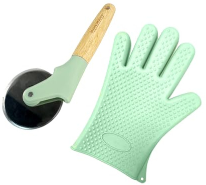 Fackelmann Set Guanto da Forno e Rotella Tagliapizza, Accessori in Silicone e Acciaio Inossidabile Resistenti al Calore, Antiscivolo e Facili da Pulire, Set Pizza e Pasticceria