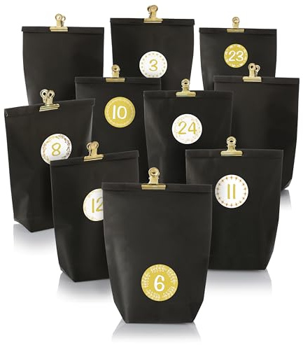 Nordstern Calendario de Adviento para rellenar, color negro y dorado, bolsas de regalo con 24 bolsas de papel de estraza y pegatinas con números dorados