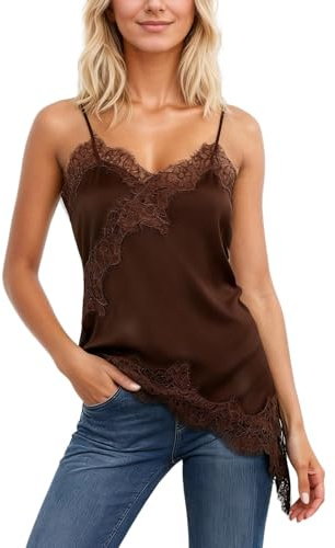 Zanisouta Maglietta a tunica da donna, senza maniche, slim fit, top ventilato, in raso di seta, con spalline laterali, in pizzo, per l'estate
