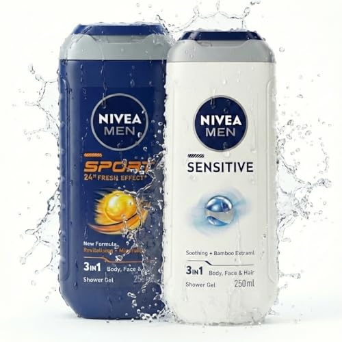 NIVEA MEN Shower Gel Set for Men - Sport & Sensitive Body Wash, 3-in-1 Hair Face Body Wash, Mens Grooming Toiletries Gift Set, Travel Size Shower Gel, Twin Pack 2 x 250ml