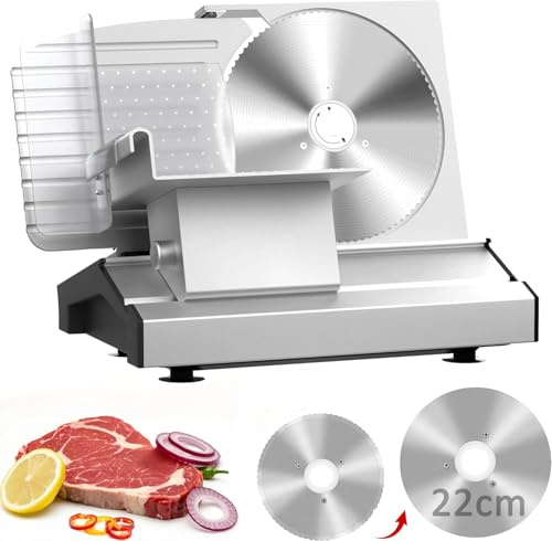 MoraRise 0-20mm Electric Meat Slicer for Home Use - 250W Professional Food Slicer with 2 x 22cm Stainless Steel Blades (Serrated & Smooth) - for Deli, Meat, Cheese & Bread (Silver)