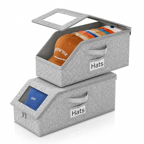 2Pack Baseball Cap Storage,Foldable Hat Boxes With Lids,Stackable Hat Storage Box With Lid for Men Women with Cardboard,Dust-Proof Zipper Hat Box With Clear Window for Bedroom,Wardrobe,Gloves (Grey-A)