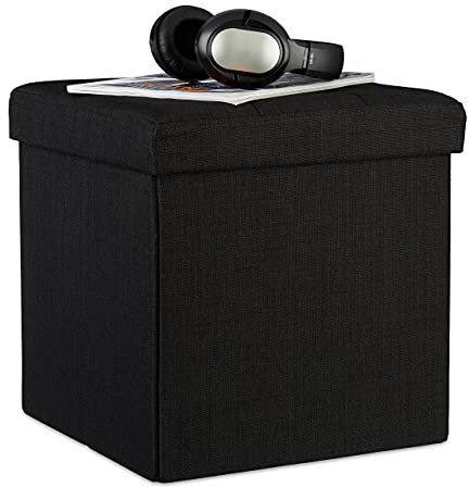 Relaxdays Faltbarer Sitzhocker, 38 x 38 x 38 cm, Sitzcube als Fußablage, Sitzwürfel aus Leinen, Deckel zum Abnehmen, schwarz