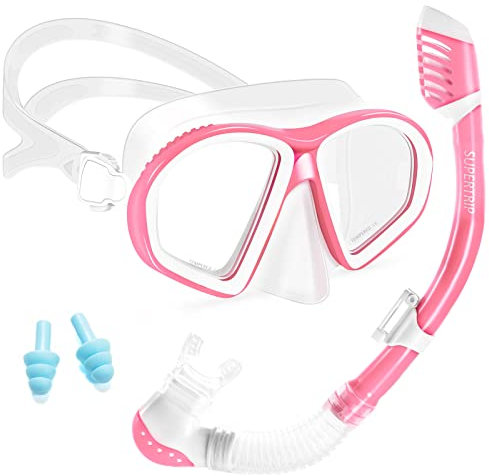 Supertrip Schnorchelset Kinder, Gehärtetes Glas Taucherbrille mit Dry Schnorchel, Tauchmaske Schnorchelmaske Tauchen Set Schnorchelbrillen für Junge Mädchen 6-14 Jahre (Rosa)