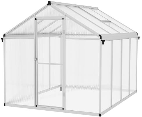 Outsunny 6 x 8ft Polycarbonate Greenhouse with Rain Gutters, Large Walk-In Green House with Door and Window, Garden Plants Grow House with Aluminium Frame and Foundation