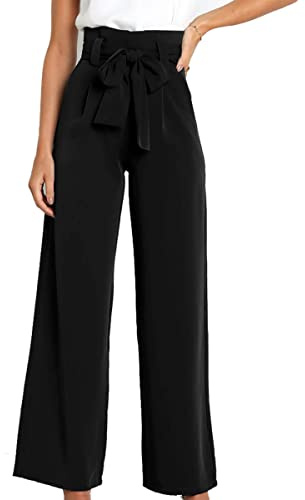 LIAOPUFUS Femme Tailleurs-Pantalons Fluide Pantalon Taille Haute Commuter avec Ceinture Large Casual Vêtement au Traivail Décontracté (1-Noir-1, M)