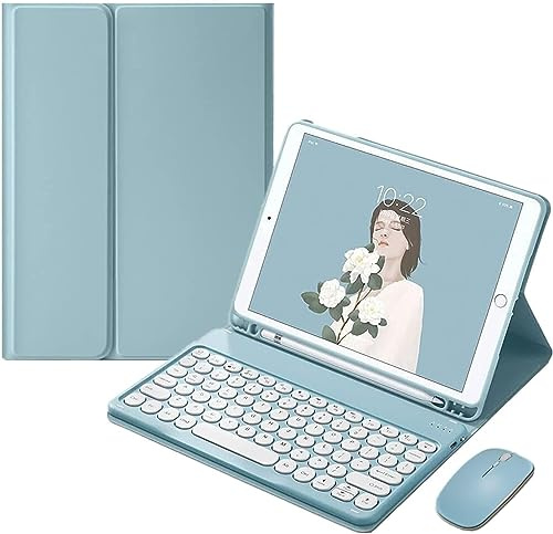PboyiqiS Keyboard Case for Galaxy Tab S10 Lite/ S10 FE 2025/ S9 FE 10.9 Inch/ S9 11 Inch with Mous, Round Key Slim Stand Cover Detachable Wireless Bluetooth Keyboard, Misty Blue