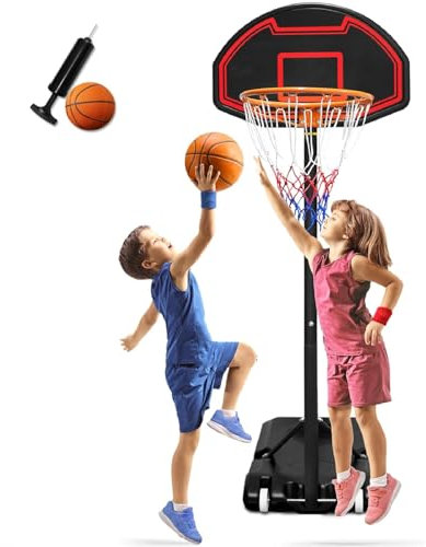 UISEBRT Basketballkorb Outdoor Inkl.Basketball + Pumpe für Kinder - Basketballständer 156-208cm Höhenverstellbar - Mobile Basketballanlage mit Rollen - Mini Kinder Basketball Hoop für Indoor Outdoor
