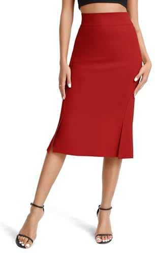 EXCHIC Mujeres Elegante Negocios Elástico Lápiz Falda Alta Cintura Midi Falda con Split(M, Rojo)