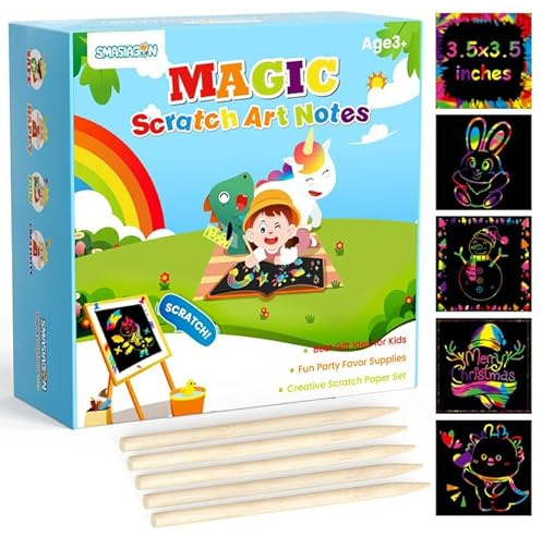 Smasiagon Rainbow Scratch Arts for Kids - 125 Mini Craft Paper Notes - Art Supplies Party Favors Kids Toys Easter Basket Stuffers - Birthday Gift Classroom Game Toy for Girls Boys