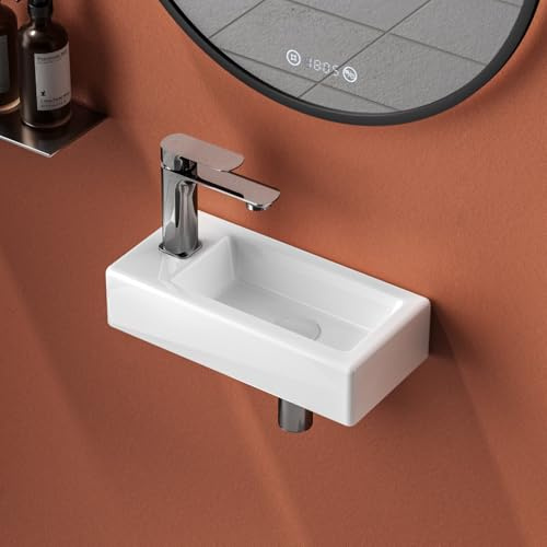 EMKE Petit lavabo d'angle rectangulaire en céramique pour salle de bain Blanc 36 x 18 x 9 cm (L x l x H) – Un trou pour robinet à gauche