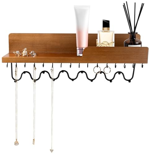 Lampaggio Hängender Schmuck-Organizer mit 29 Haken und Kosmetikregal, moderner Schmuckhalter aus Holz für Halsketten, Armbänder, Ohrringe und Ringe, natürlich