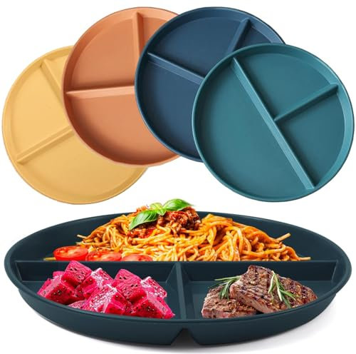 Assiette Plate Incassable,4 PCS Assiette Compartiment Adulte Assiette Ronde Contrôle des Portions Régime Minceur Micro-ondes et Lave-vaisselle Assiette pour Enfant et Adulte