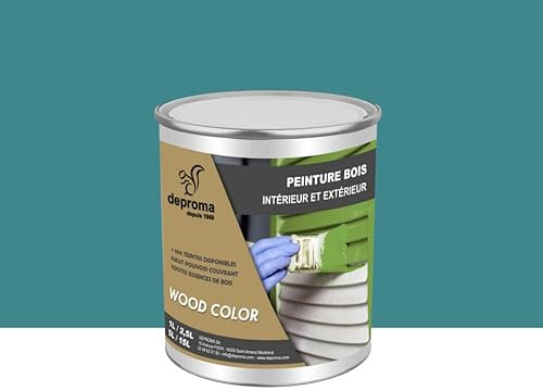 DEPROMA Peinture bois intérieur et extérieur SATIN - Qualité professionnelle (Bleu turquoise - RAL 5018, 1 Litre)