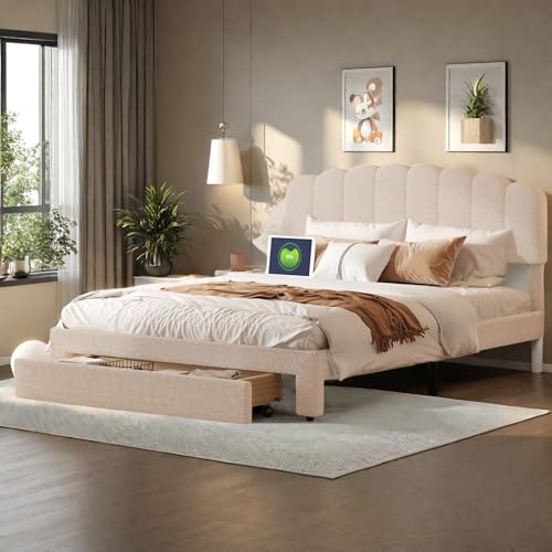 Lit rembourré 140 x 200 cm avec tiroir, lit double avec prise USB, cadre pour lit 140 x 200 cm avec tête de lit réglable en hauteur et sommier à lattes, velours teddy, beige (140 x 200 cm)
