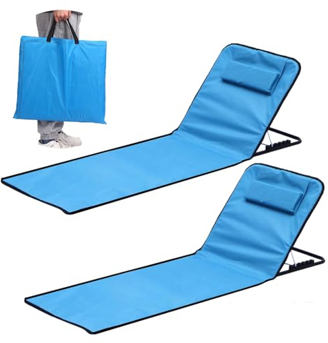2 stycken hopfällbara solstolar lätta, bärbar strandliege, strandmatta med justerbart ryggstöd, hopfällbar solmatta med bärväska och praktiskt förvaringsfack, för strand, pool, trädgård och terrass