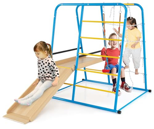 RELAX4LIFE 6 in 1 Set di Arrampicata con Scivolo Altalena, Scala da Arrampicata in Metallo, Palestra Montessori da Interno ed Esterno, Parco Giochi per Bambini 3 Anni+