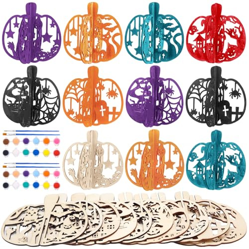10 Kits Citrouilles 3D en Bois à Colorer avec Pinceaux et Peinture, Bricolage Halloween Enfant, Automne Activité Manuelle, Citrouilles en Bois d'automne Décoration, Loisir Créatif DIY Fête Décor Table