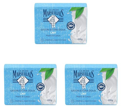 Le Petit Marseillais - Savon Extra Doux Lait 200 g – Savon solide mains & corps avec 98% d'ingrédients d'origine naturelle – Emballage en papier recyclable (Lot de 3)