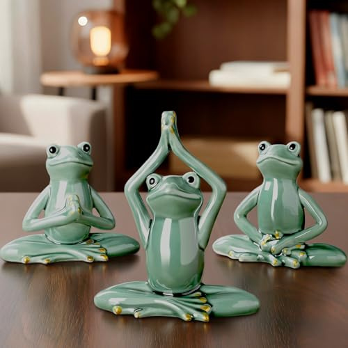 Fiwochic 3 Pcs Ceramic Zen Frog Decor Meditation Yoga Frog Figurine Garden Statue Cute Peaceful Meditation Tabletop Decor for Desk Living Room Patio Home Office Bookshelf Shelves Sculptures Gifts
