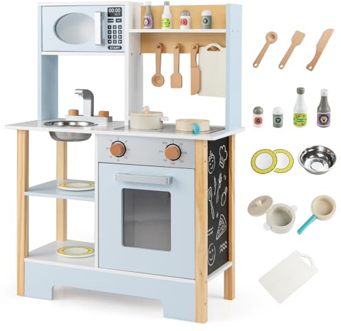FANTASK Cucina in legno per bambini, cucina giochi con lavagna e accessori da cucina, fornello, forno a microonde, rubinetto e lavandino, cucina giochi in legno per bambini dai 3 anni in su